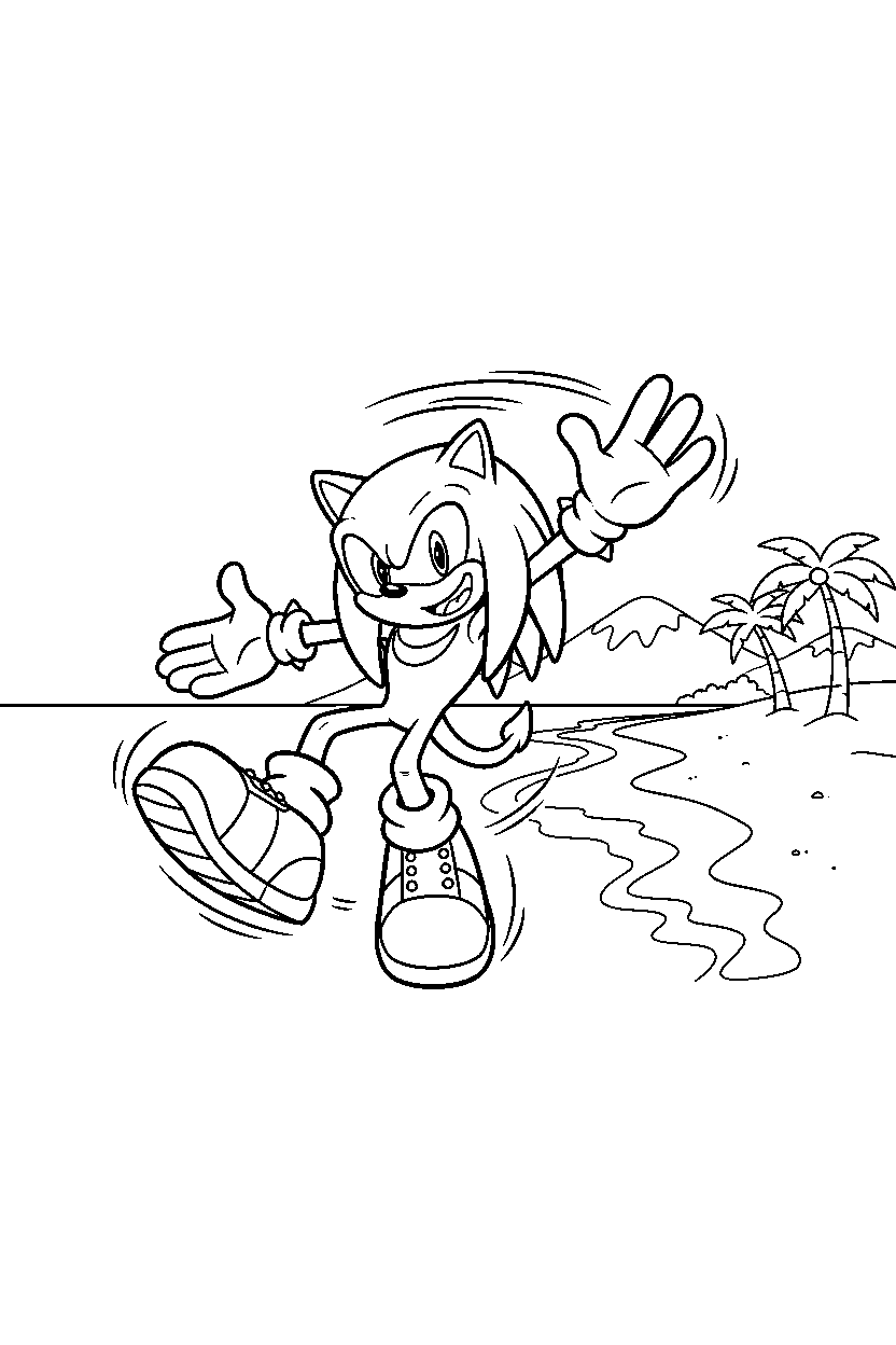 knuckles from sonic the hedgehog series spinning happily near a peaceful shoreline line art