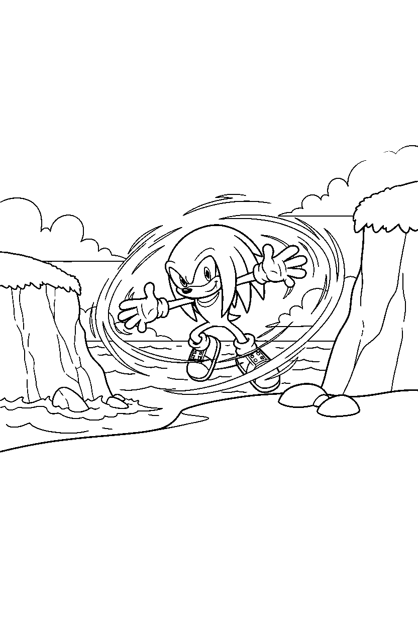 knuckles from sonic the hedgehog series spinning happily near ocean cliffs line art