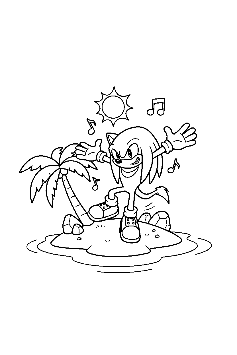 knuckles from sonic the hedgehog series spinning happily on a bright island line art