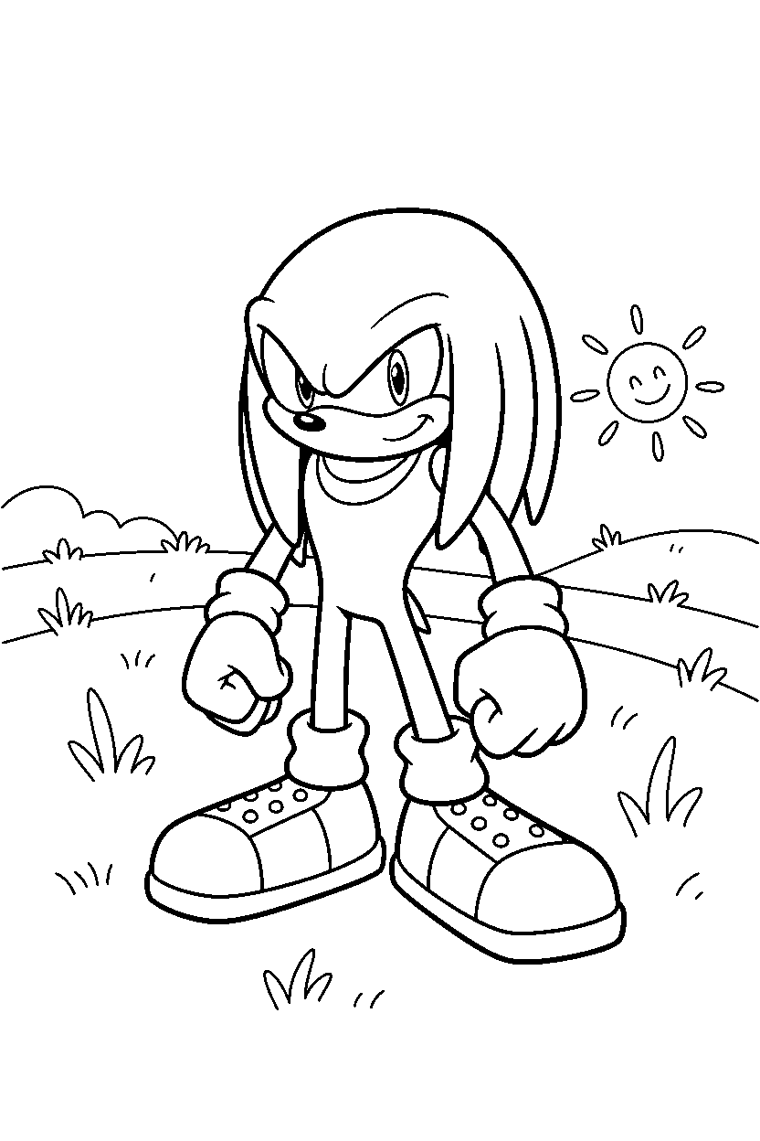 knuckles from sonic the hedgehog series standing bravely in a green meadow line art