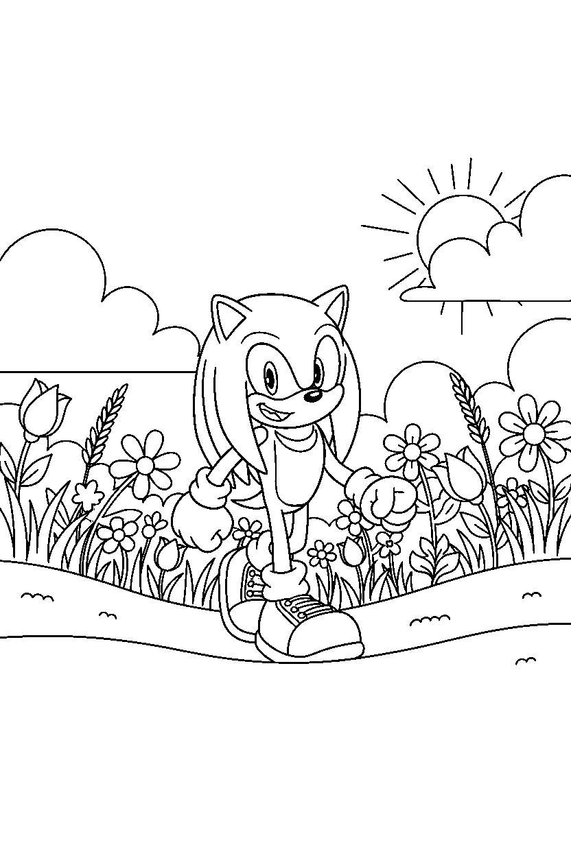 knuckles from sonic the hedgehog series walking happily in a flower field line art