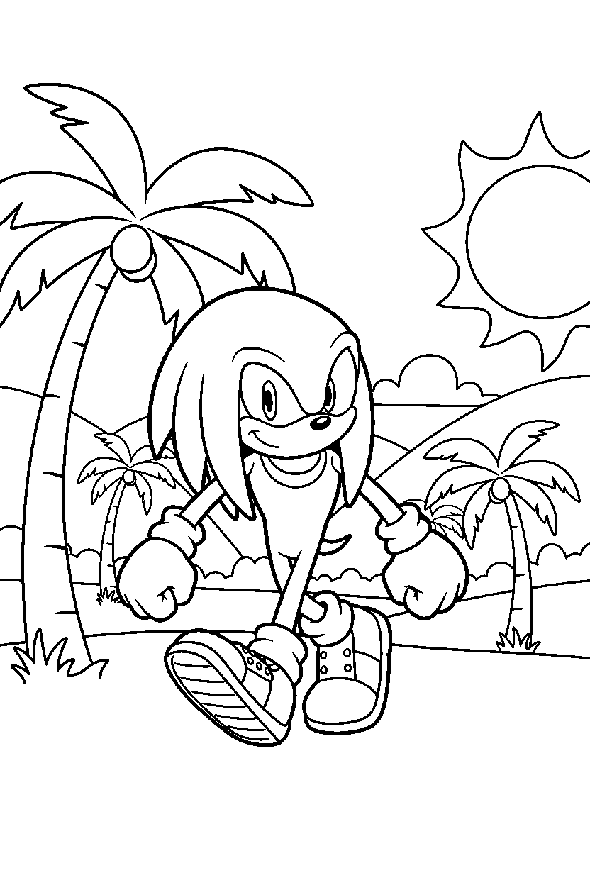knuckles from sonic the hedgehog series walking happily in a palm valley line art