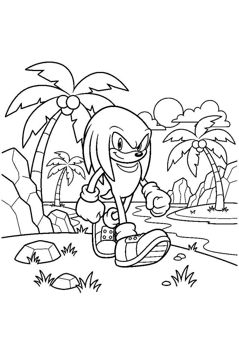 knuckles from sonic the hedgehog series walking proudly in a bright island zone line art