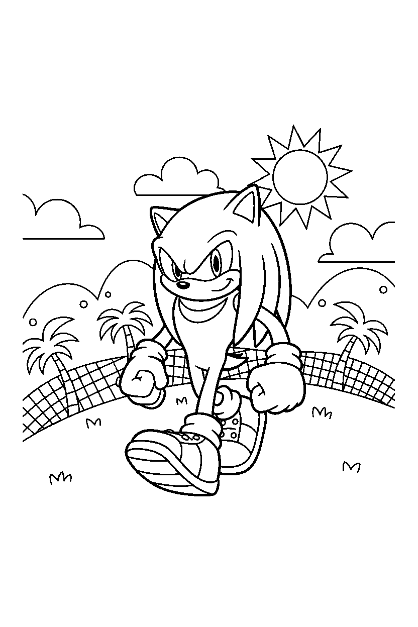 knuckles from sonic the hedgehog series walking proudly in a sunny hill zone line art