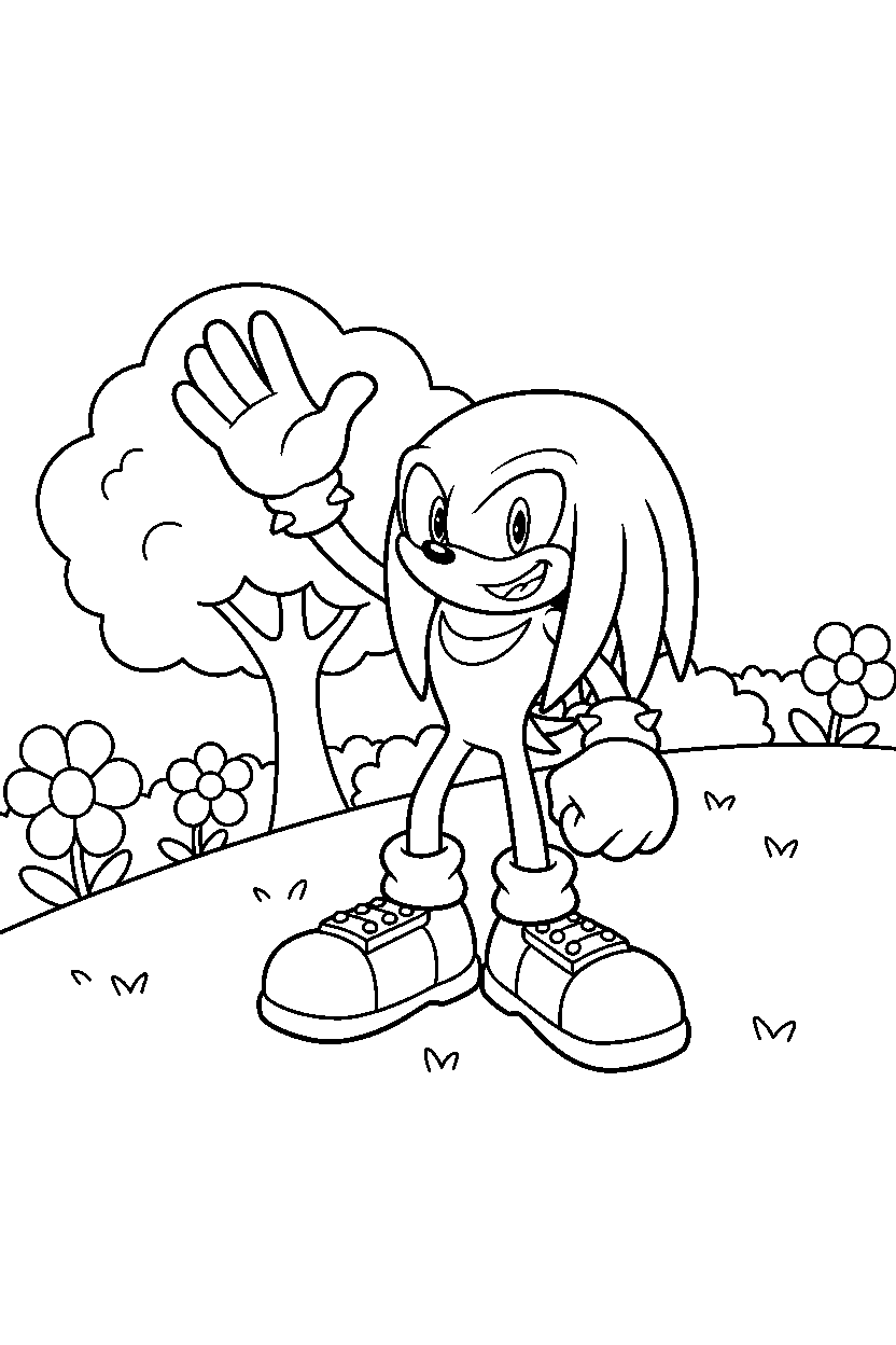 knuckles from sonic the hedgehog series waving happily on a bright hillside line art
