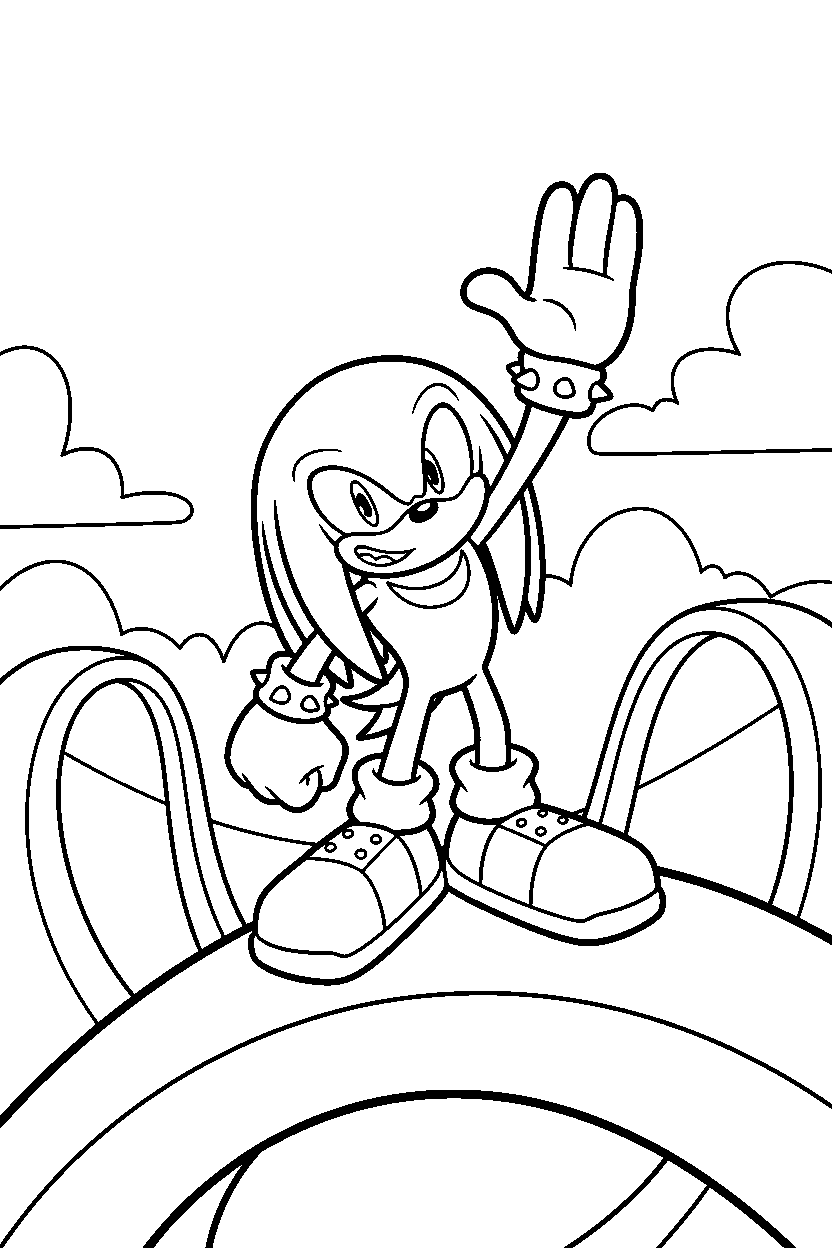 knuckles from sonic the hedgehog series waving happily on a loop valley line art