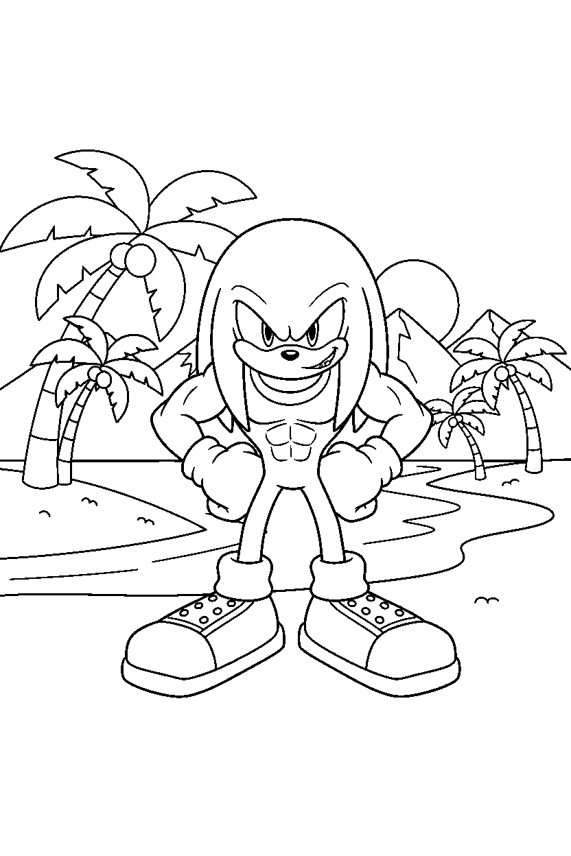 knuckles posing proudly in a tropical island line art