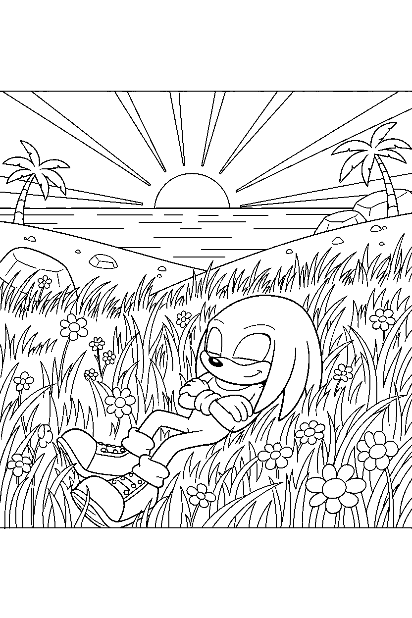 knuckles resting peacefully in a bright coastal field line art