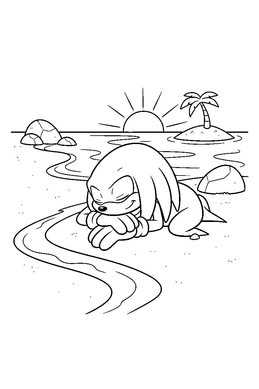 knuckles resting peacefully near a peaceful shoreline line art