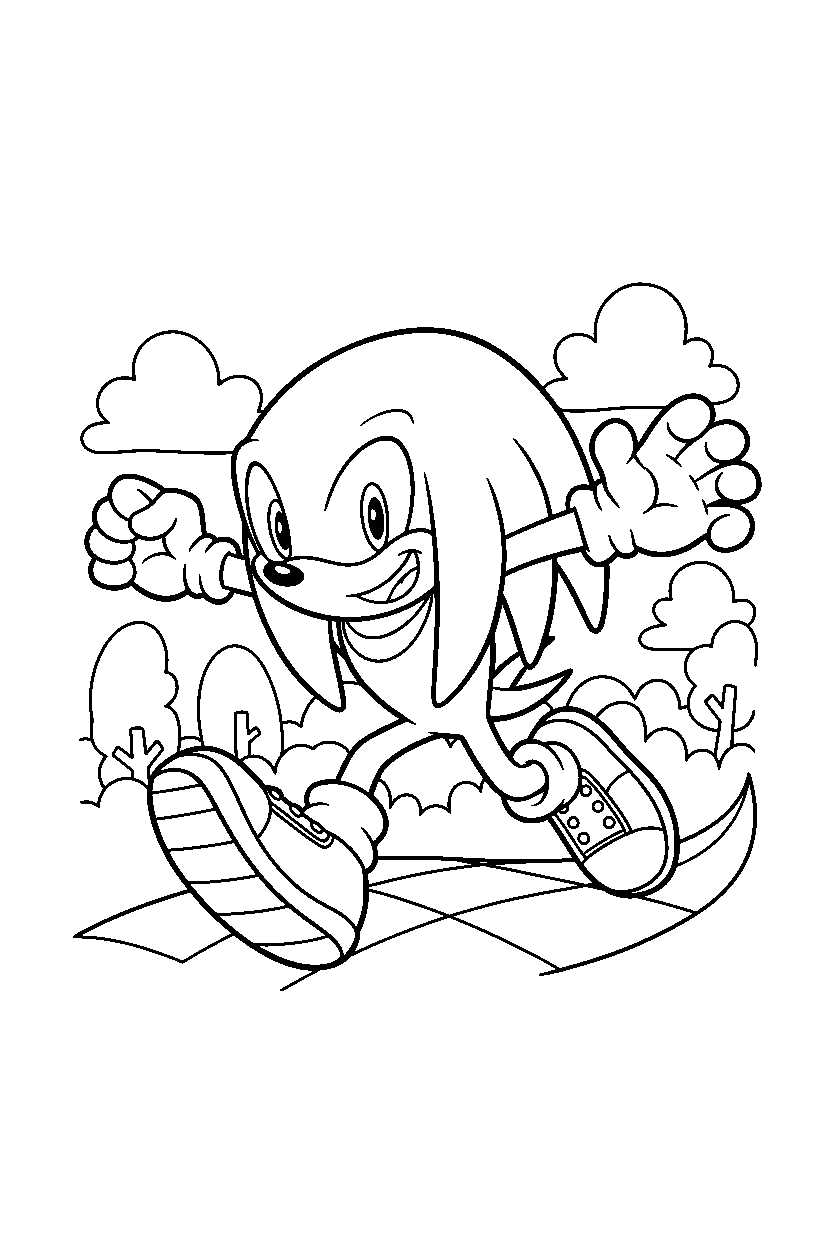 knuckles running happily in a colorful world line art