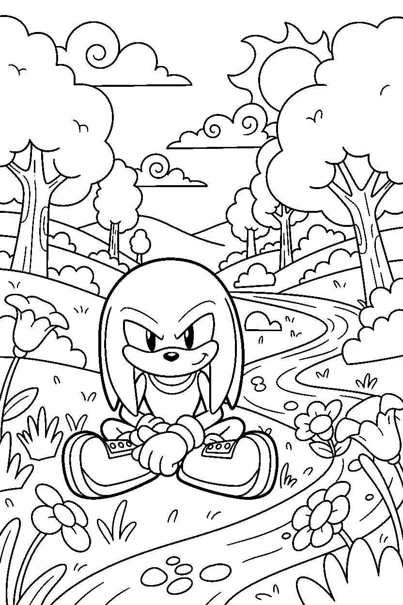 knuckles sitting peacefully in a colorful valley line art