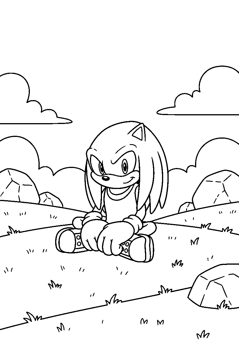 knuckles sitting peacefully in a grassy valley line art