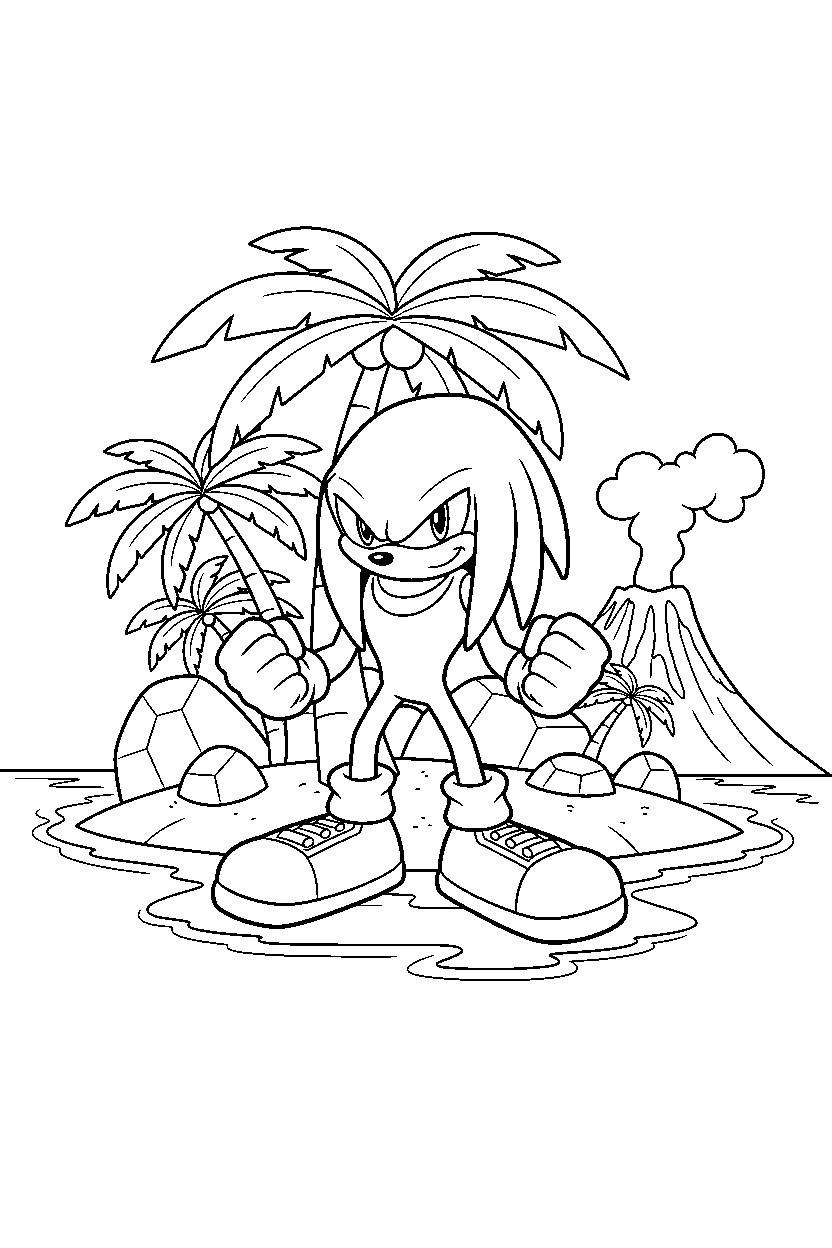 knuckles standing bravely in a tropical island line art