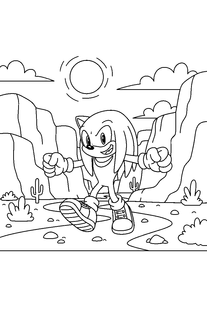 knuckles walking happily in a peaceful canyon line art