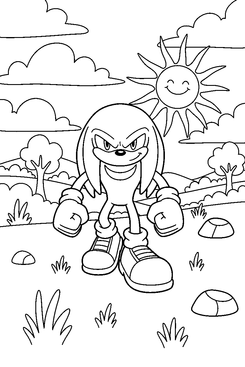knuckles walking proudly in a peaceful grassland line art