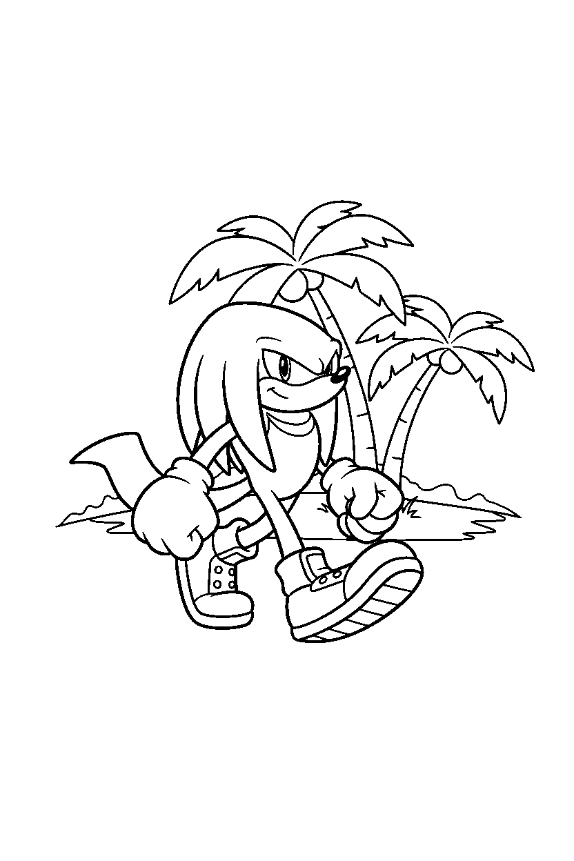 knuckles walking proudly near palm trees line art