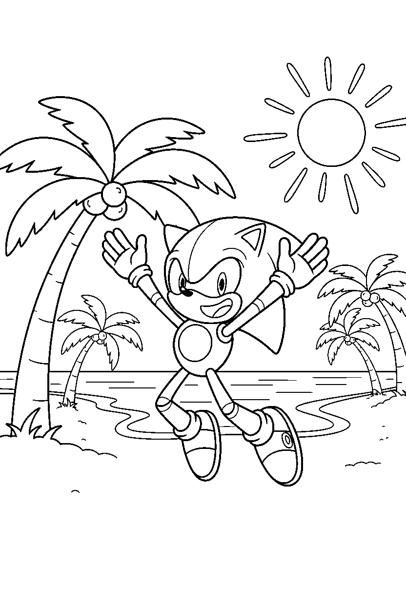 metal sonic celebrating happily on a beach line art