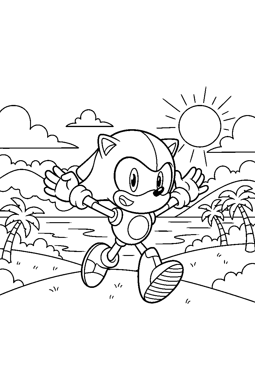metal sonic exploring happily in a warm coastal valley line art