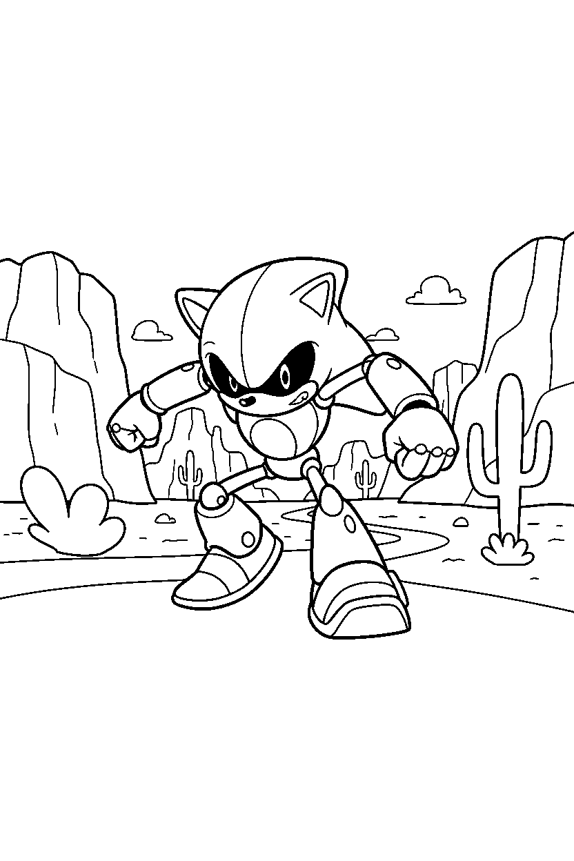 metal sonic getting ready to run in a peaceful canyon line art