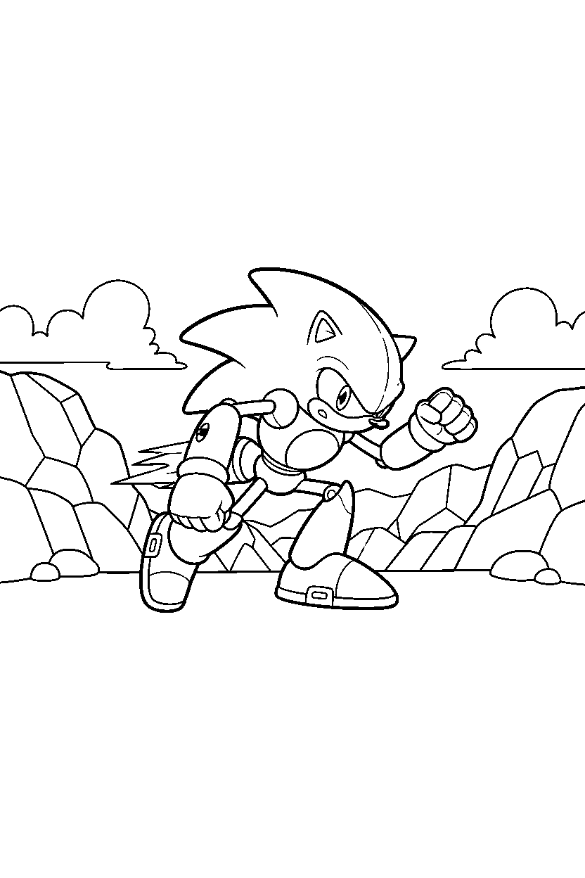 metal sonic getting ready to run near colorful rock hills line art