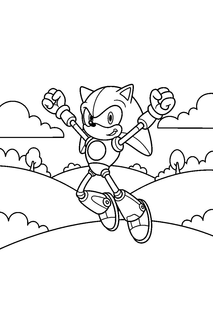 metal sonic jumping with joy near rolling hills line art