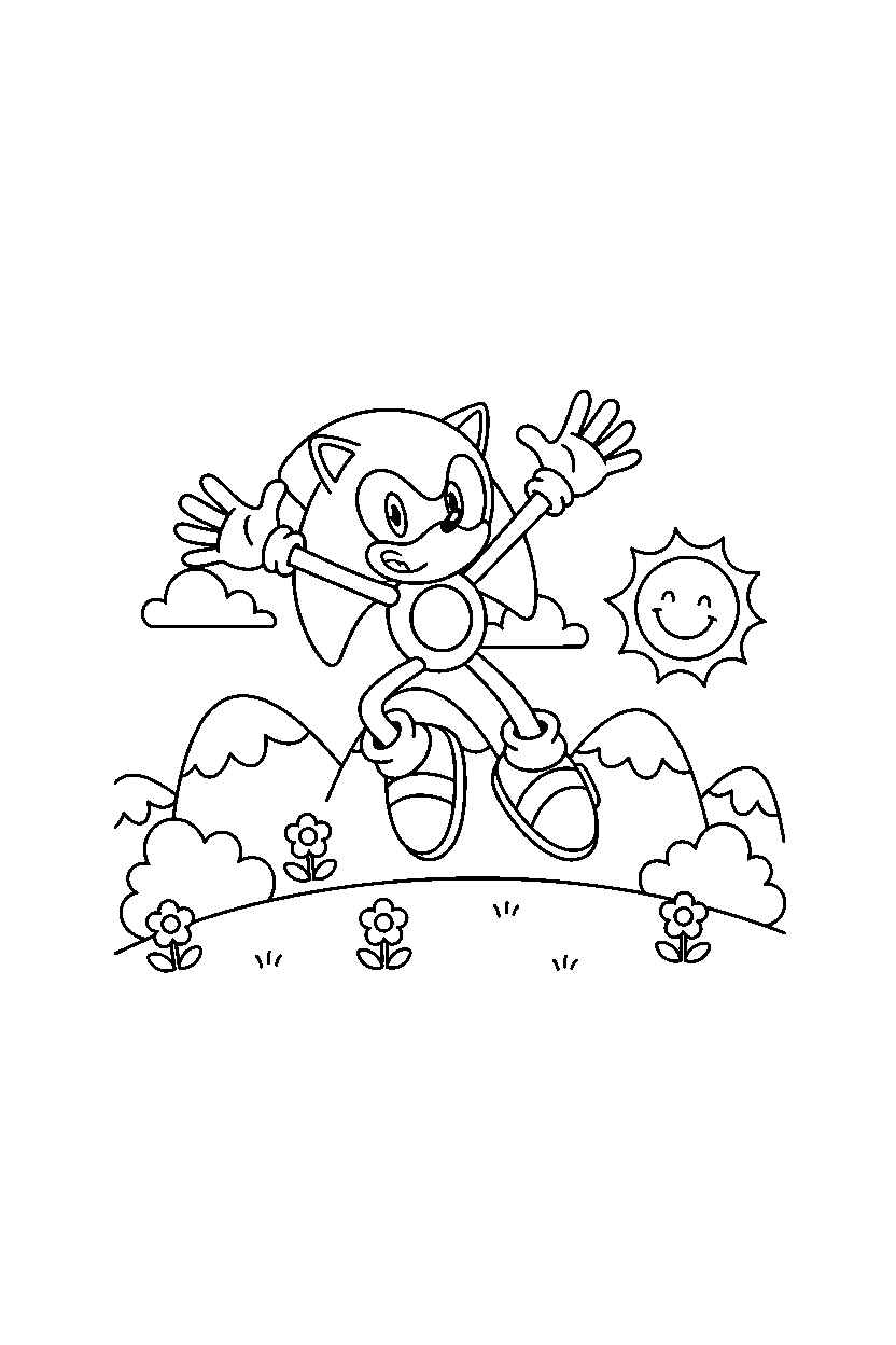metal sonic jumping with joy on a bright hillside line art