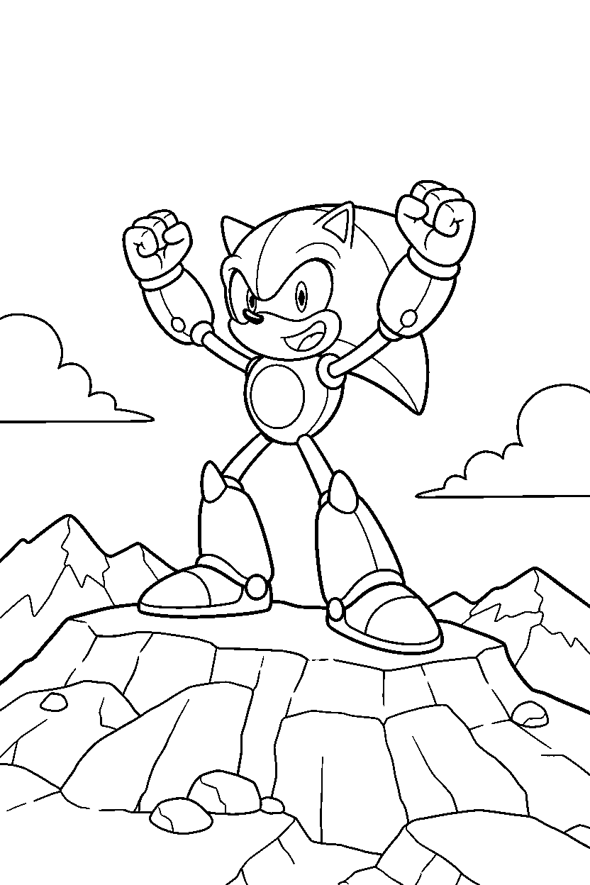 metal sonic looking excited on a rocky hill line art