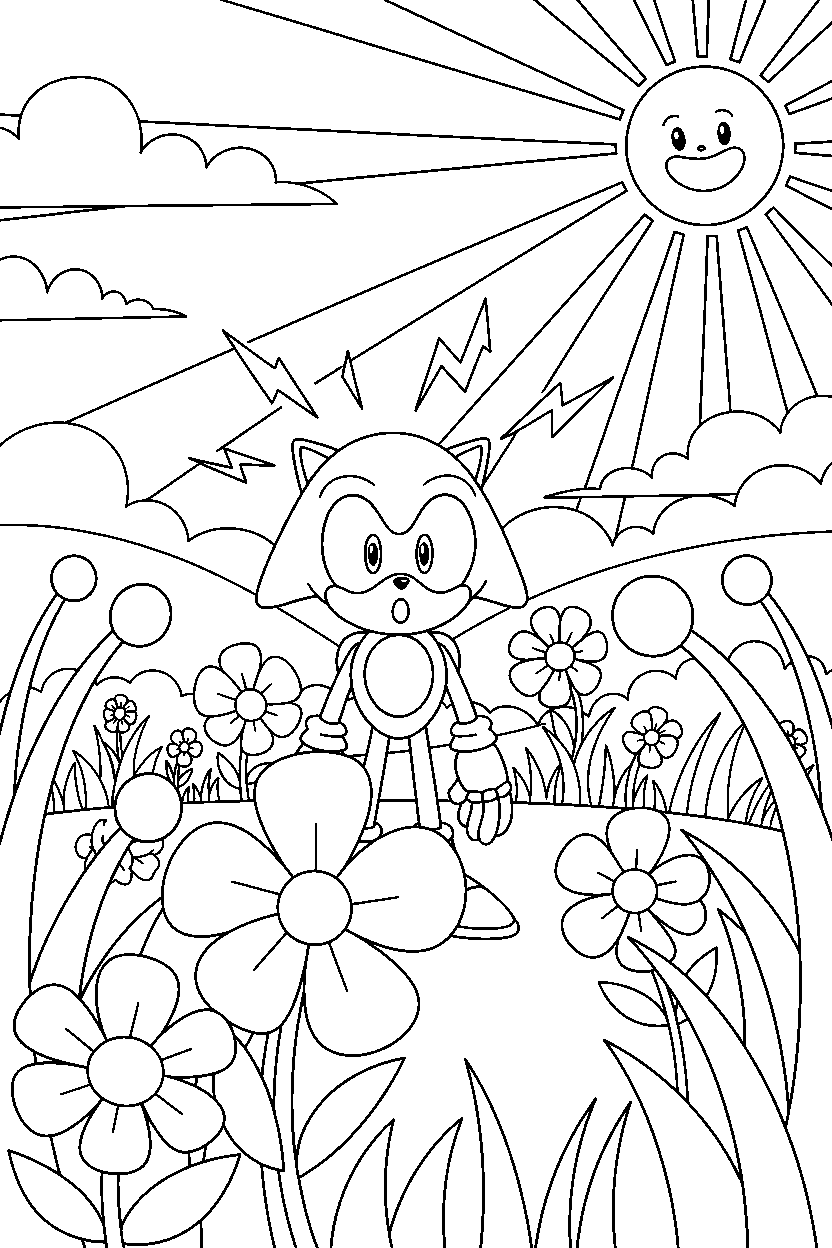 metal sonic looking surprised in a sunny meadow line art