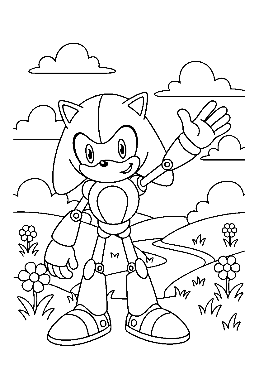 metal sonic posing happily in a cheerful valley line art