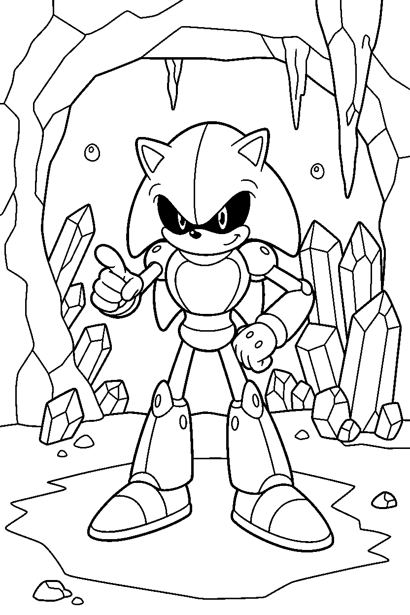 metal sonic posing proudly in a crystal cave line art
