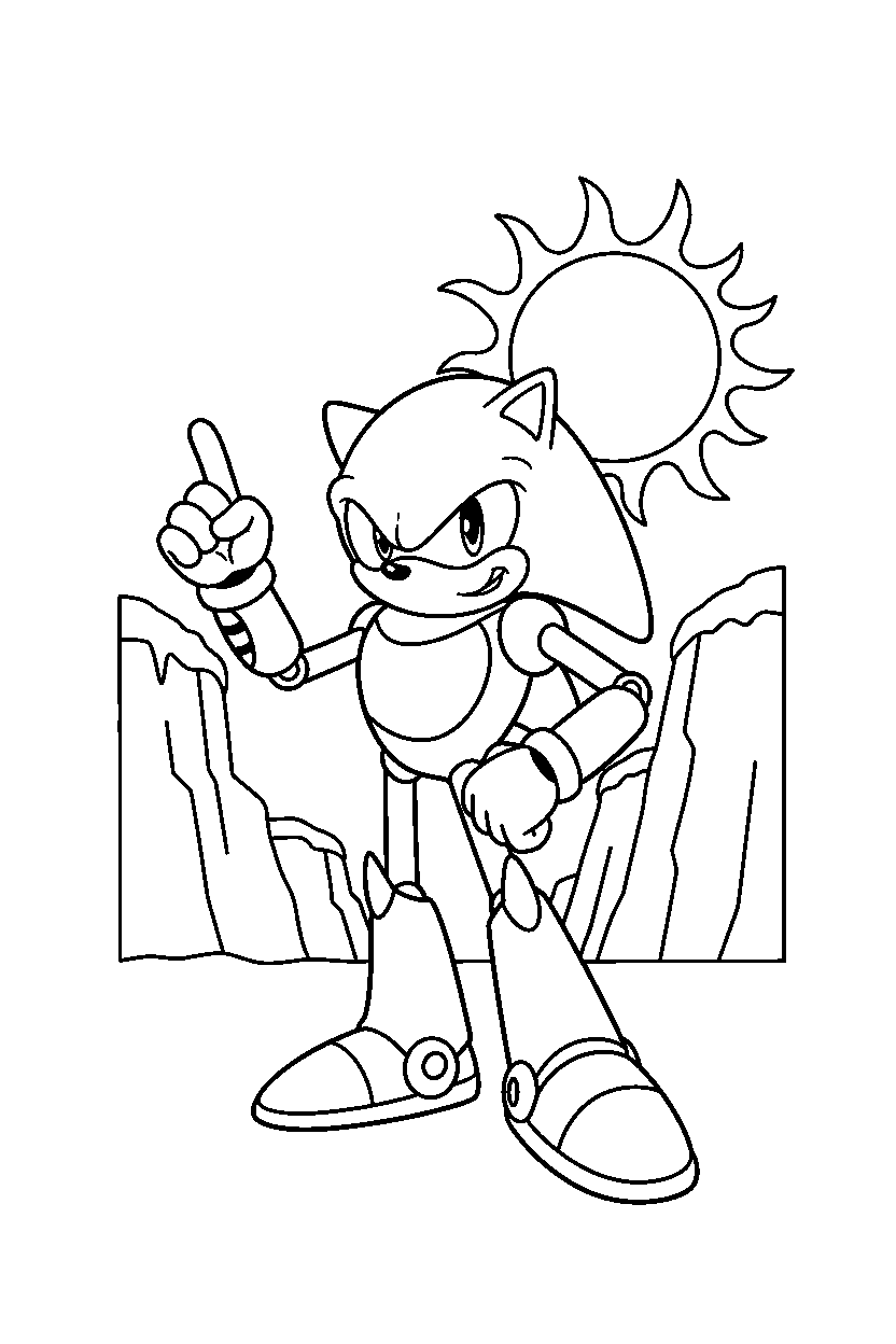 metal sonic posing proudly near sunny cliffs line art