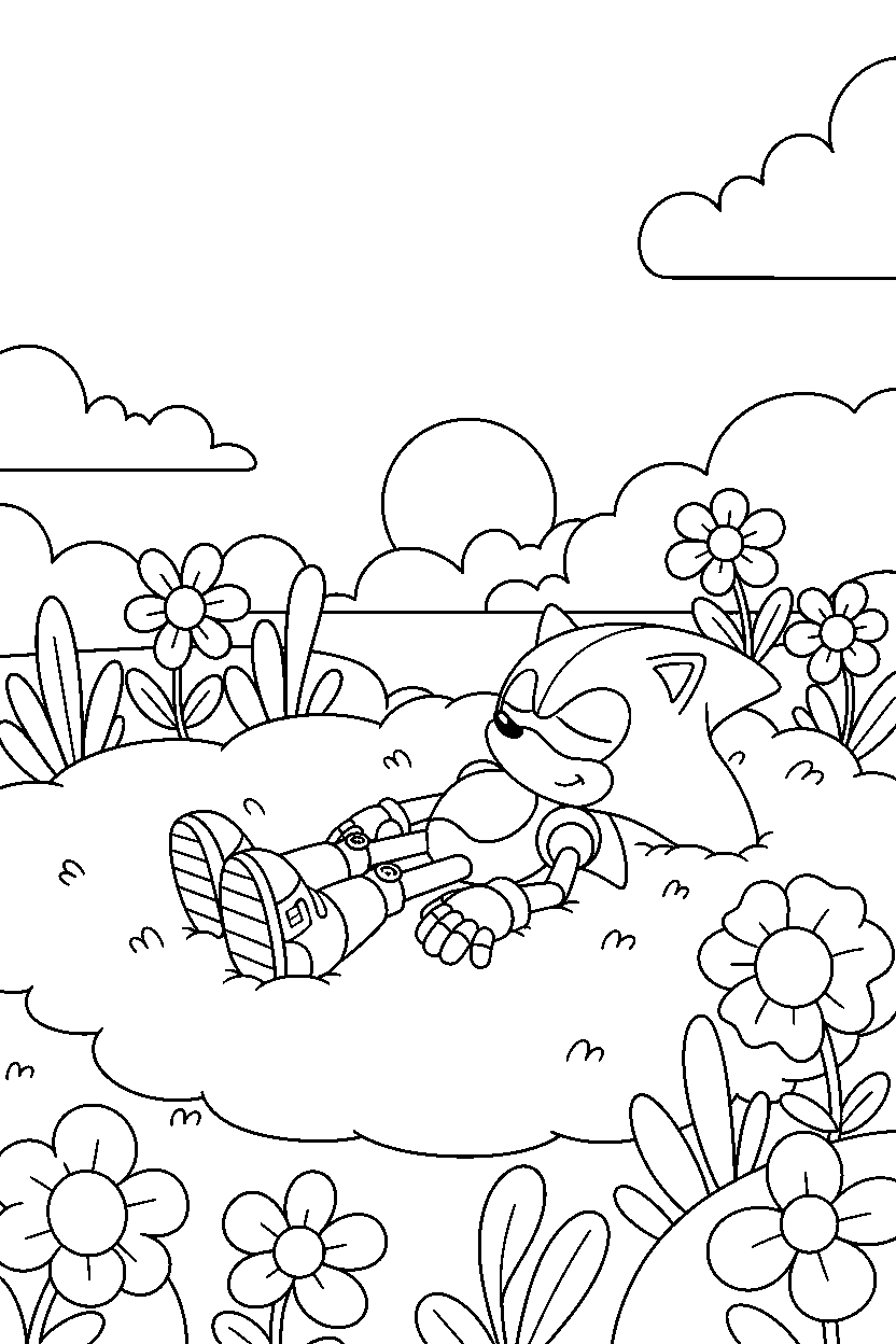 metal sonic relaxing peacefully in a sky meadow line art