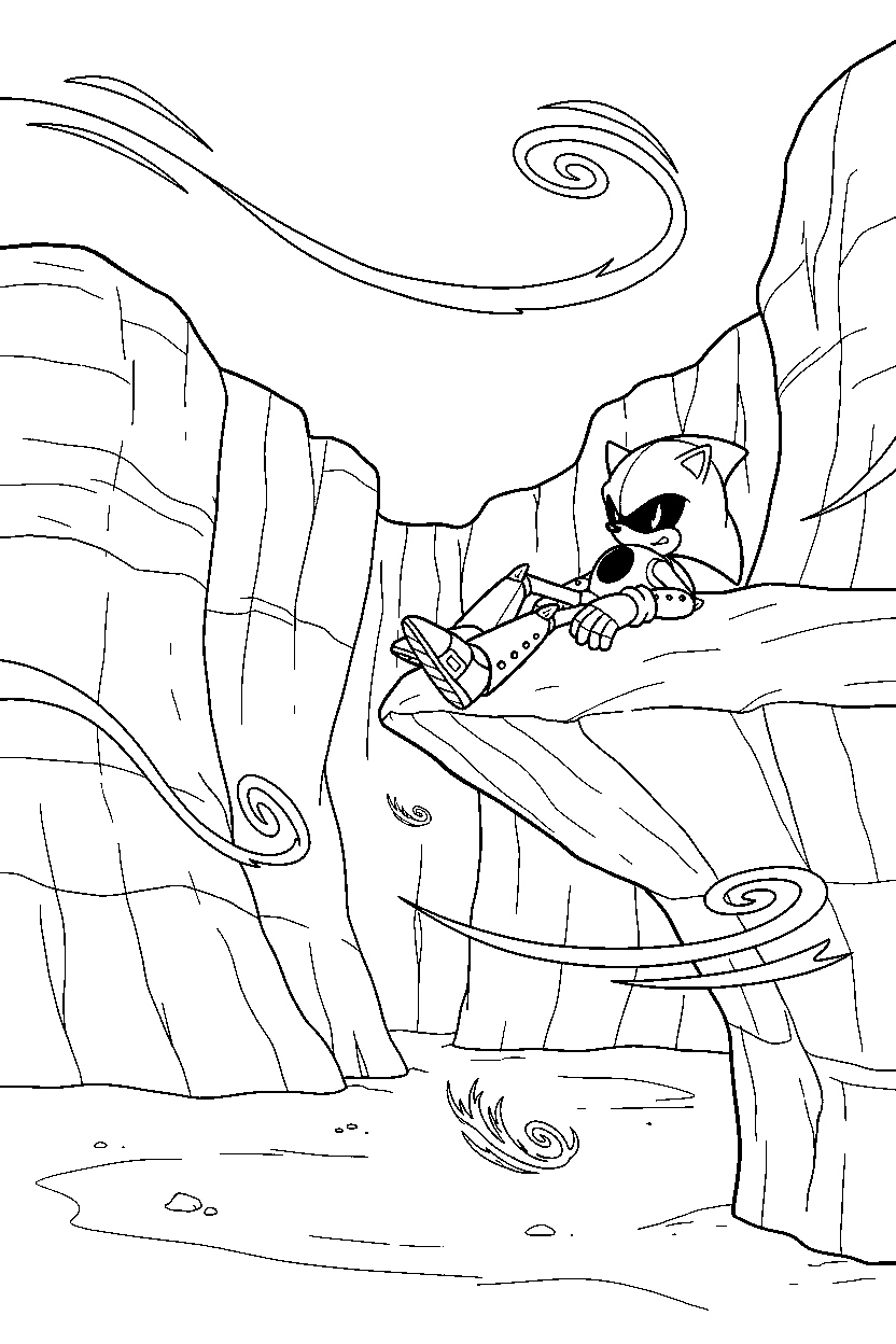 metal sonic resting peacefully in a windy canyon line art