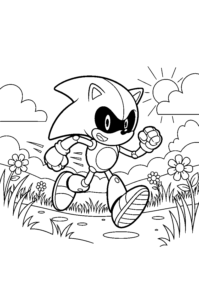 metal sonic running happily in a bright grass zone line art