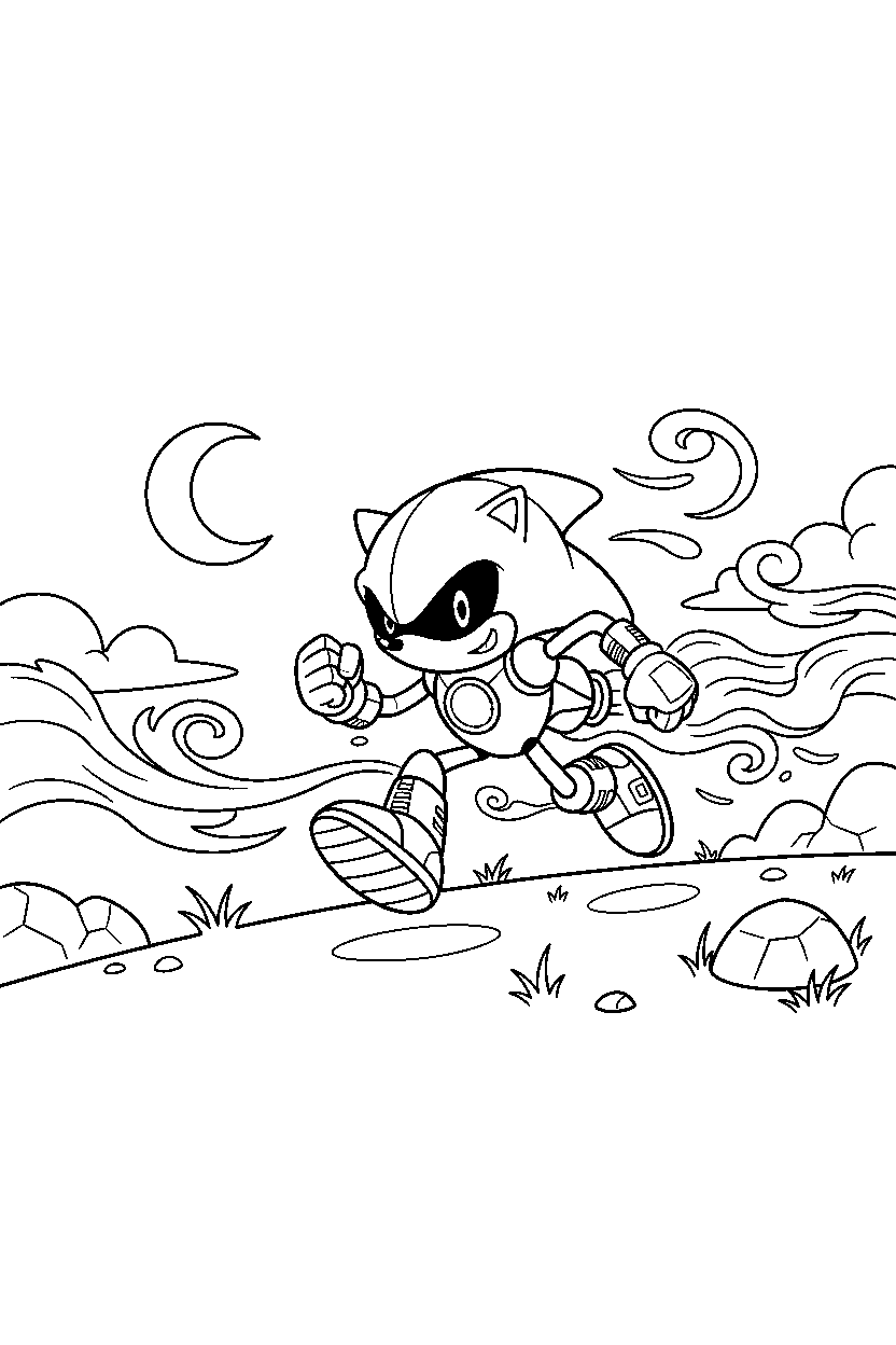 metal sonic running happily on a windy plateau line art