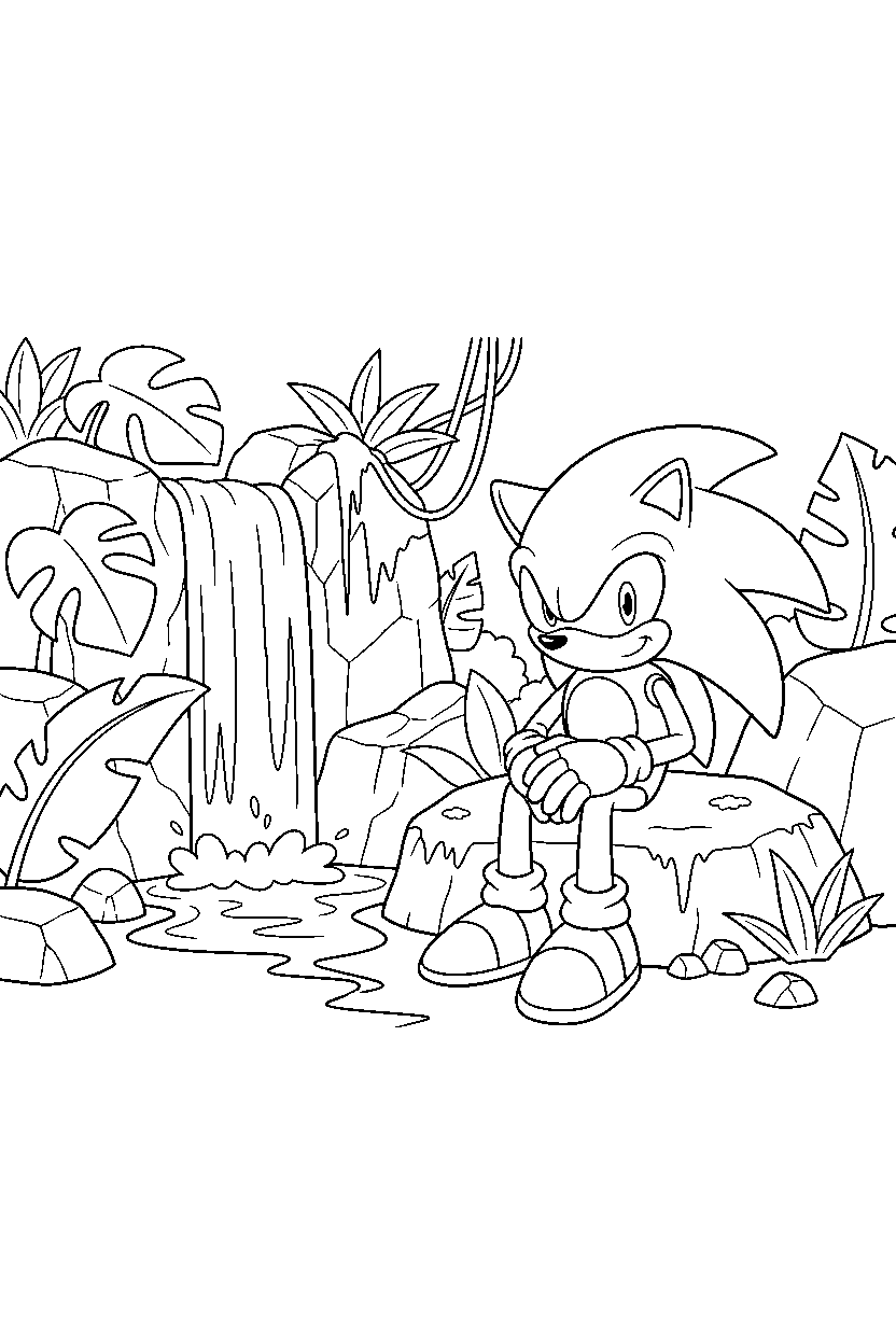 metal sonic sitting peacefully near jungle waterfalls line art