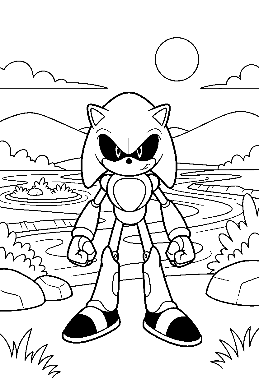 metal sonic standing bravely near a peaceful riverbank line art