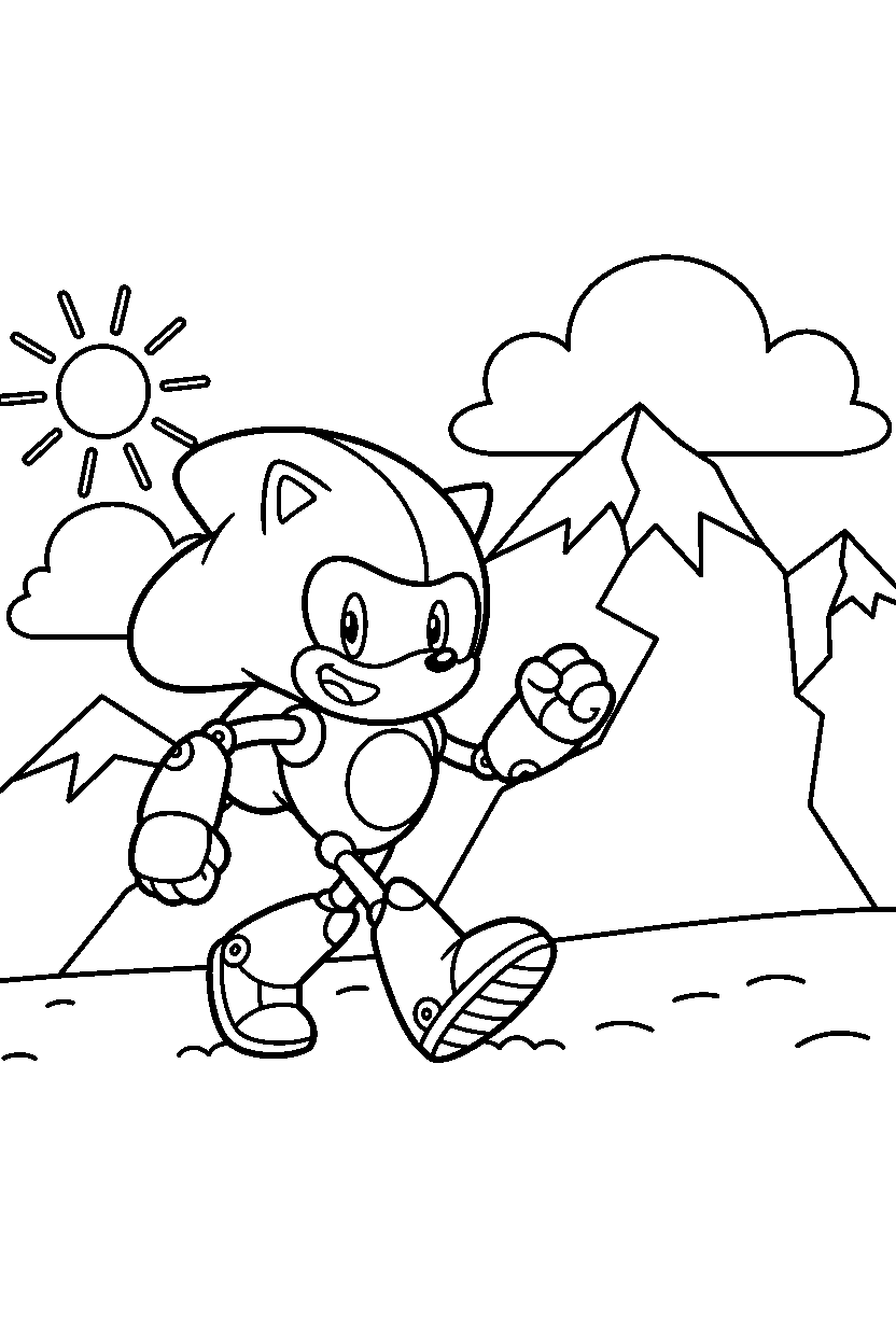 metal sonic walking happily near a mountain line art