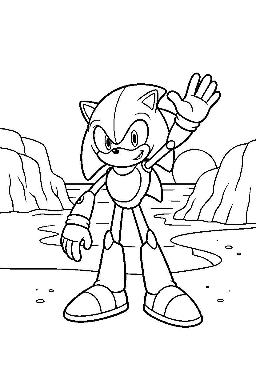 metal sonic waving happily near ocean cliffs line art