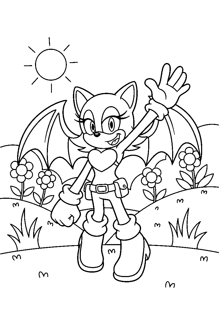 rouge the bat from sonic the hedgehog series celebrating happily in a bright grass zone line art