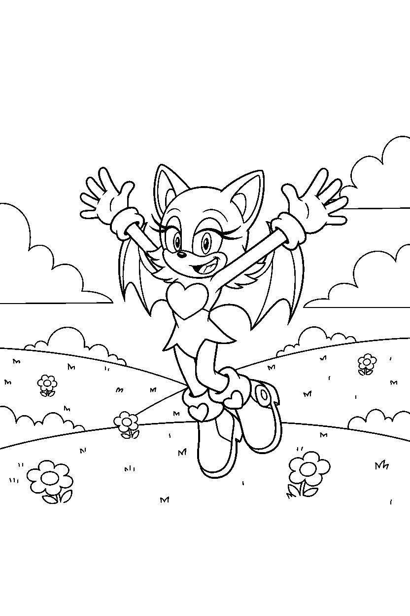 rouge the bat from sonic the hedgehog series celebrating happily in a grassy valley line art
