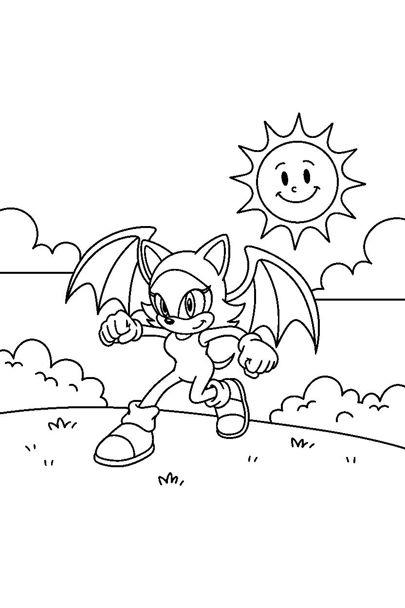 rouge the bat from sonic the hedgehog series getting ready to run on a sunny hill line art