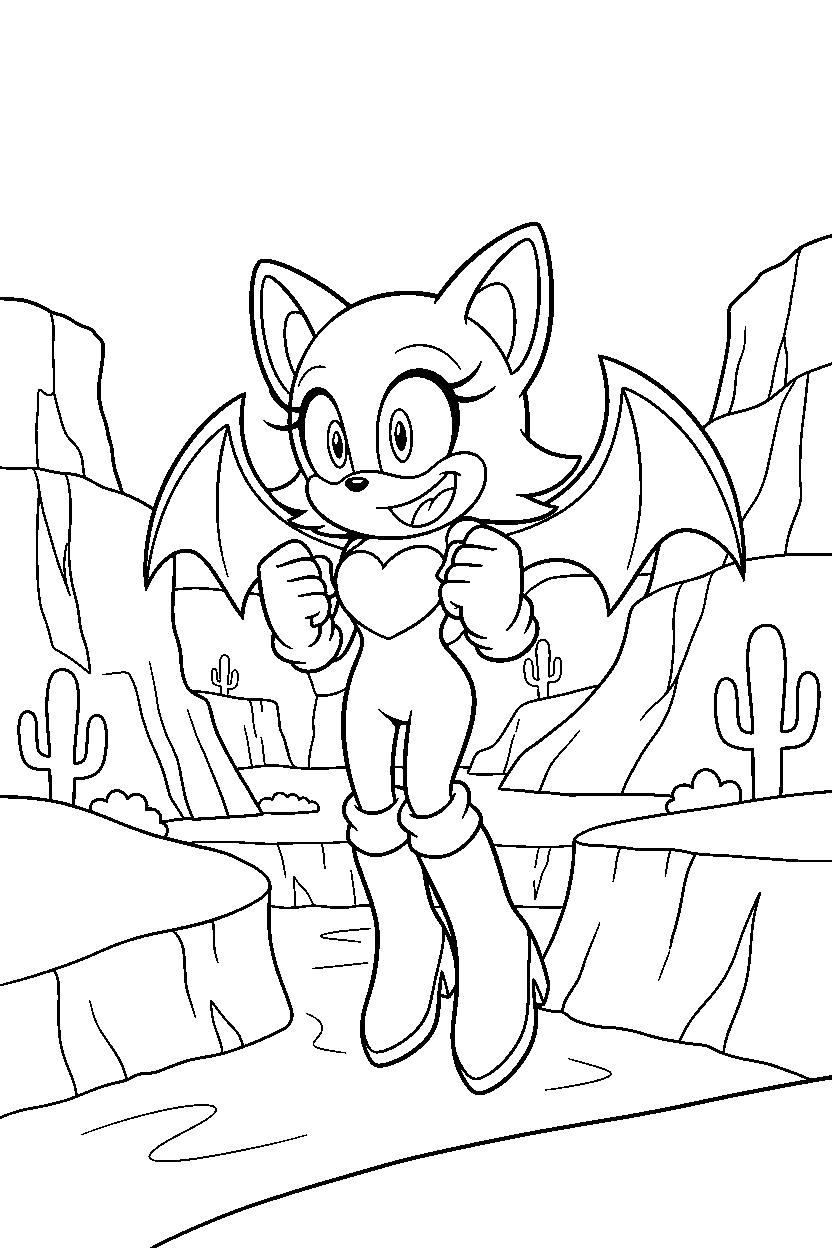rouge the bat from sonic the hedgehog series looking excited in a peaceful canyon line art