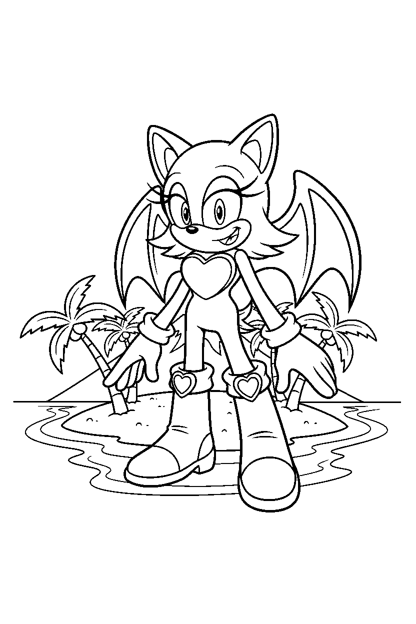 rouge the bat from sonic the hedgehog series looking happy on a bright island line art