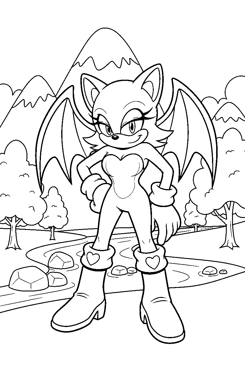 rouge the bat from sonic the hedgehog series posing proudly in a bright adventure land line art