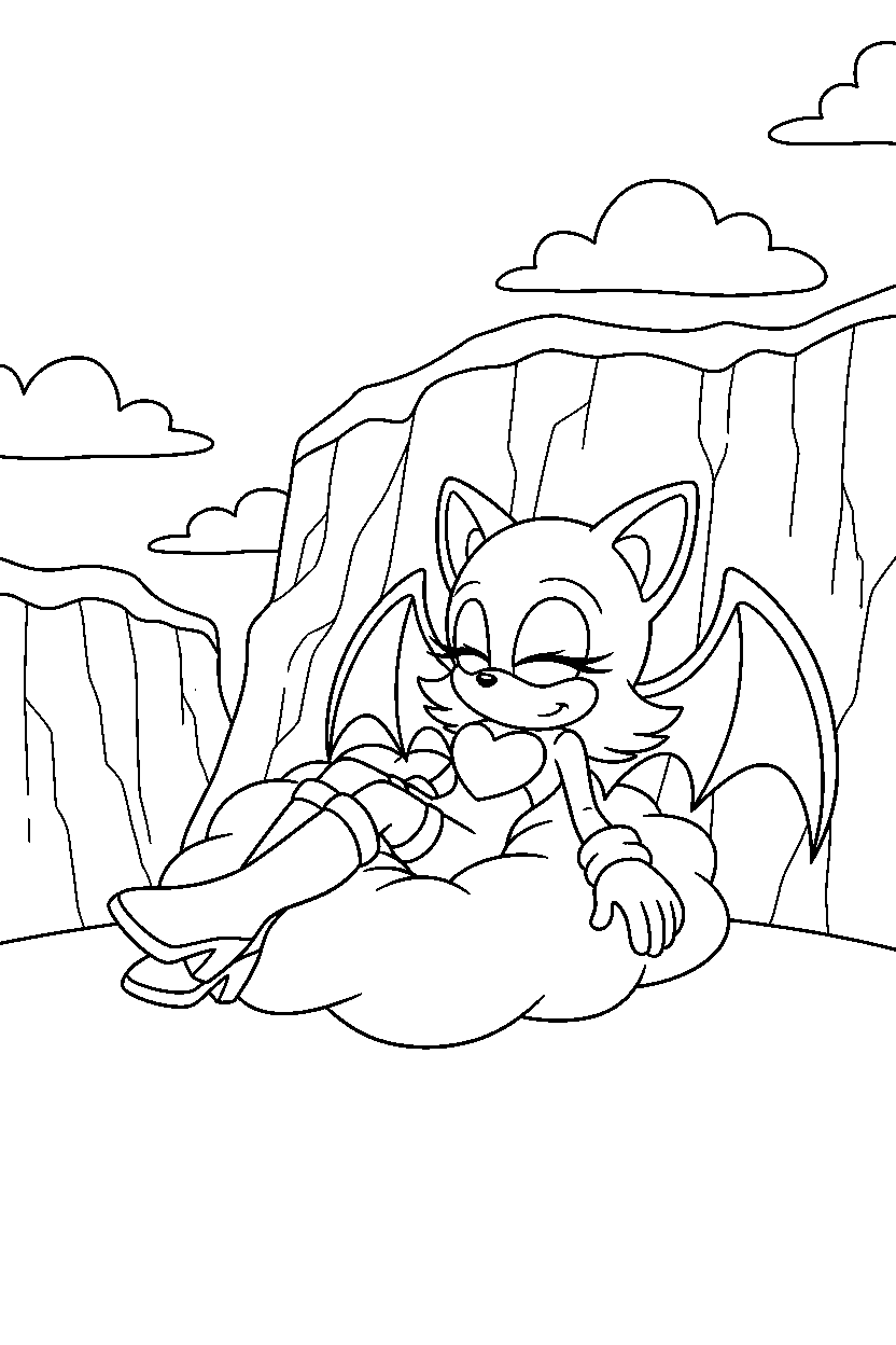 rouge the bat from sonic the hedgehog series relaxing peacefully near bright cliffs line art