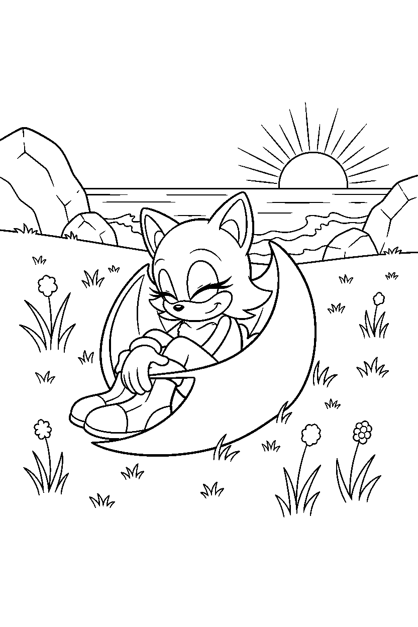 rouge the bat from sonic the hedgehog series resting peacefully in a bright coastal field line art
