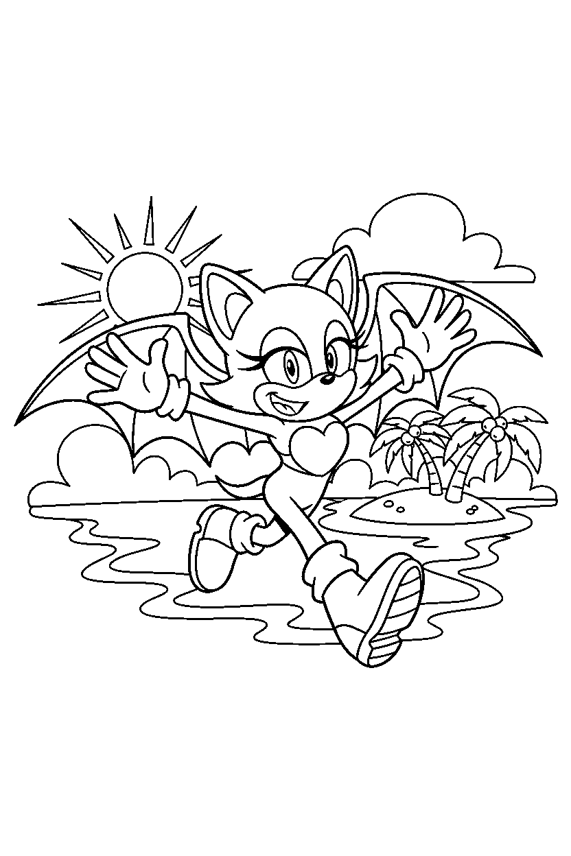 rouge the bat from sonic the hedgehog series running happily near a sunny lagoon line art