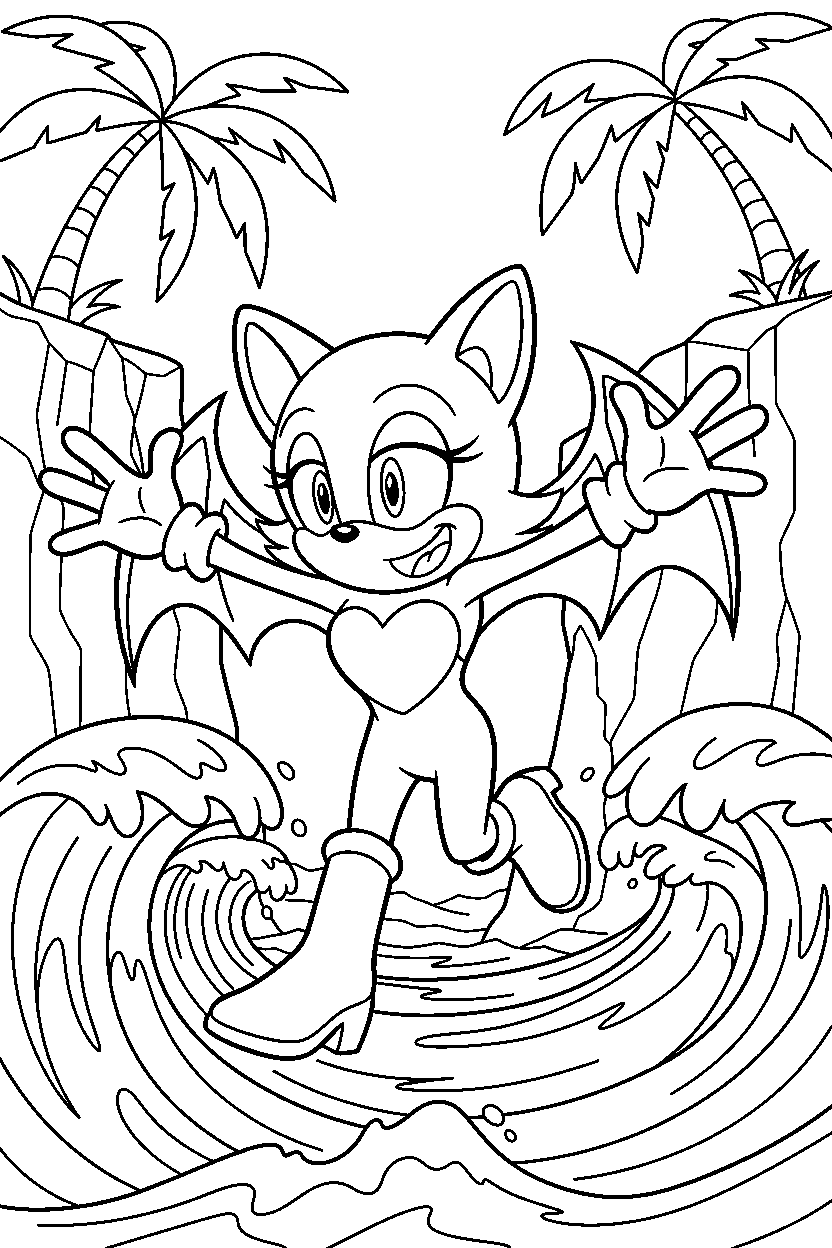 rouge the bat from sonic the hedgehog series running happily near tropical cliffs line art
