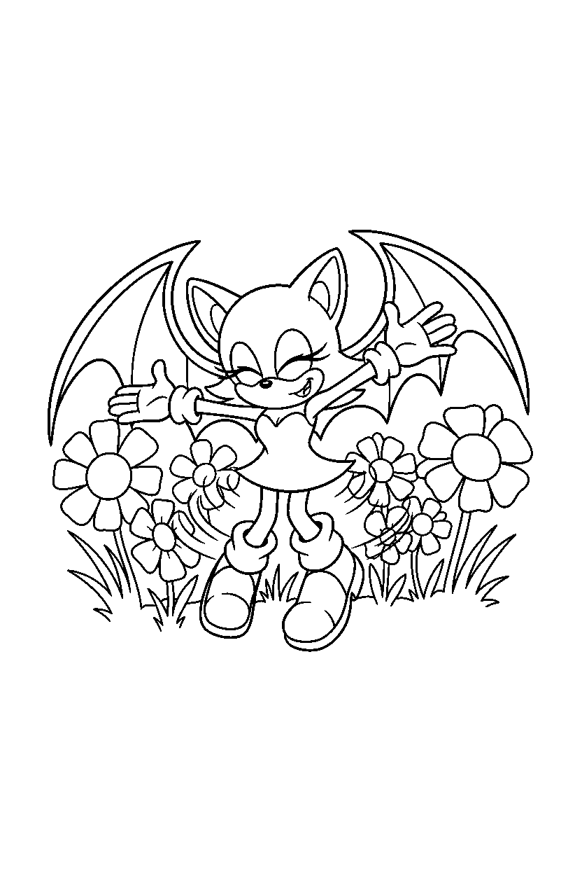 rouge the bat from sonic the hedgehog series spinning happily in a flower field line art